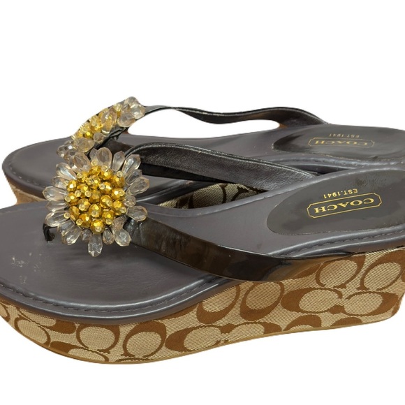 Coach Gold and Brown Sandals with Decorative Medallion - Picture 2 of 5